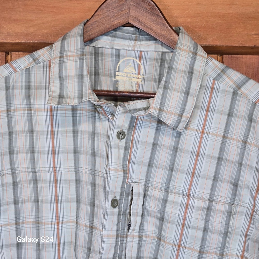 Excurzion Mens Large Short Sleeve Plaid Hiking Shirt UPF 50+ Grey Orange‎ New